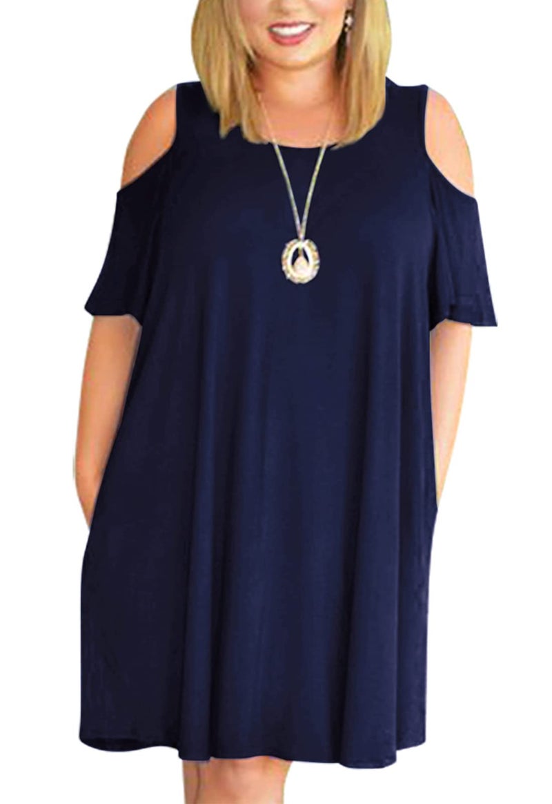 Nemidor Plus Size Dresses for Curvy Women Summer Casual Cold Shoulder T-Shirt Swing Short Sleeve Mini Dress with Pockets(133,22,Navy) - Image 1